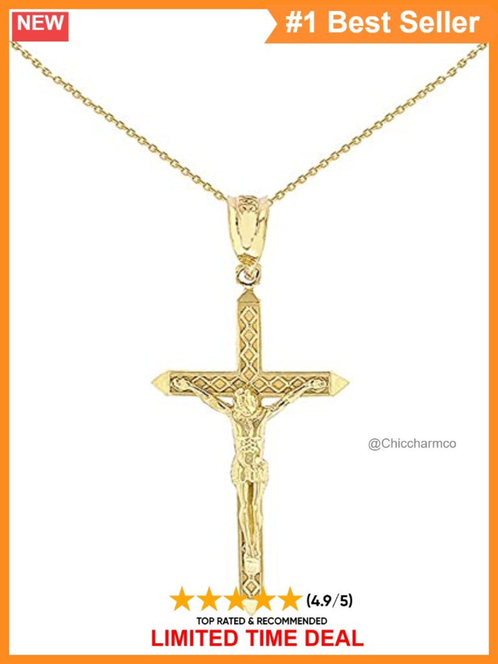 14K Yellow Gold Crucifix Cross Pendant Necklace Religious Fine Jewelry